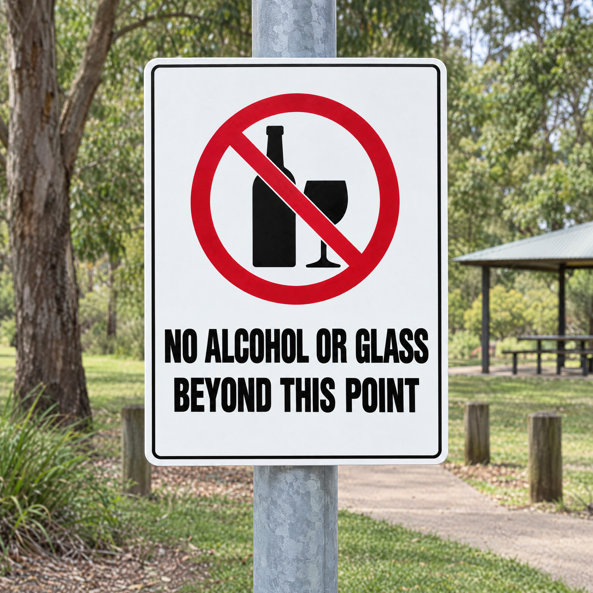 No Alcohol or Glass Beyond This Point Sign installed on site – SignShine Australia