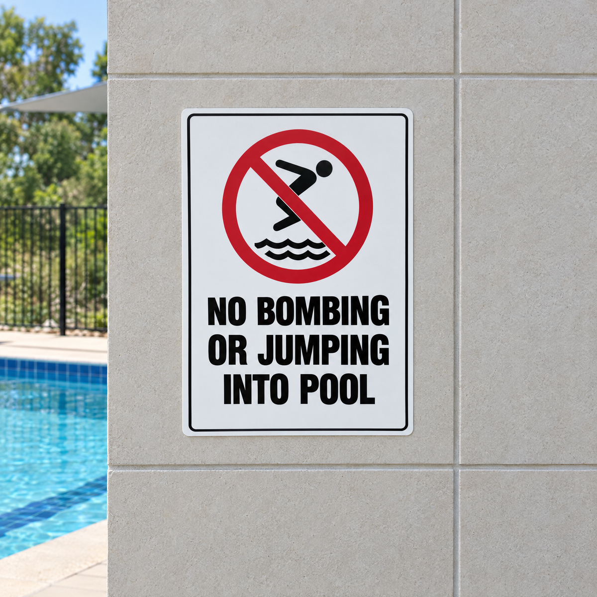 No Bombing or Jumping Into Pool Sign installed on site – SignShine Australia