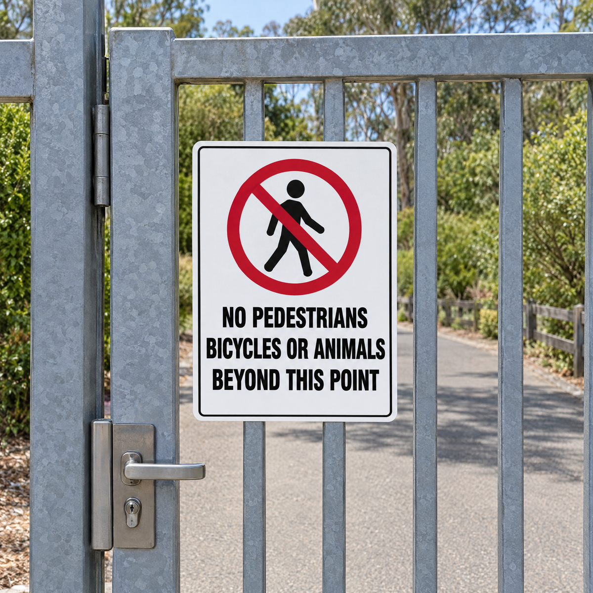 No Pedestrians Bicycles Animals Beyond This Point Sign installed on site – SignShine Australia