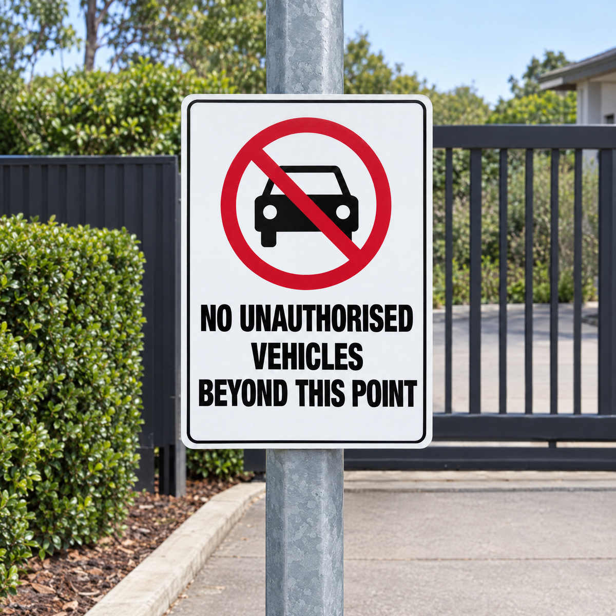 No Unauthorised Vehicles Beyond This Point Sign installed on site – SignShine Australia