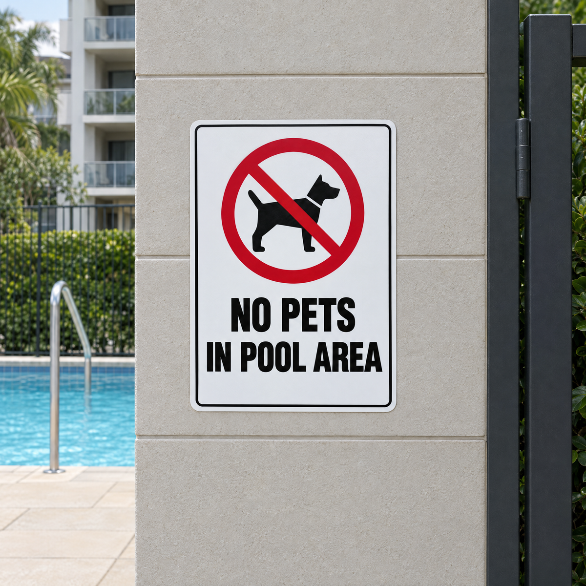 No Pets in Pool Area Sign installed on site – SignShine Australia