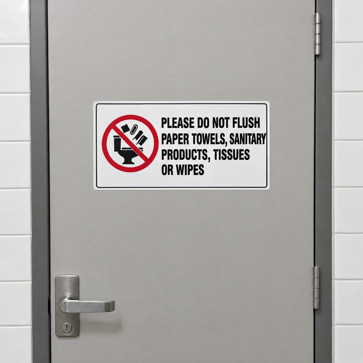 Please Do Not Flush Paper Towels, Sanitary Products, Tissues and Wipes Sign installed on site – SignShine Australia