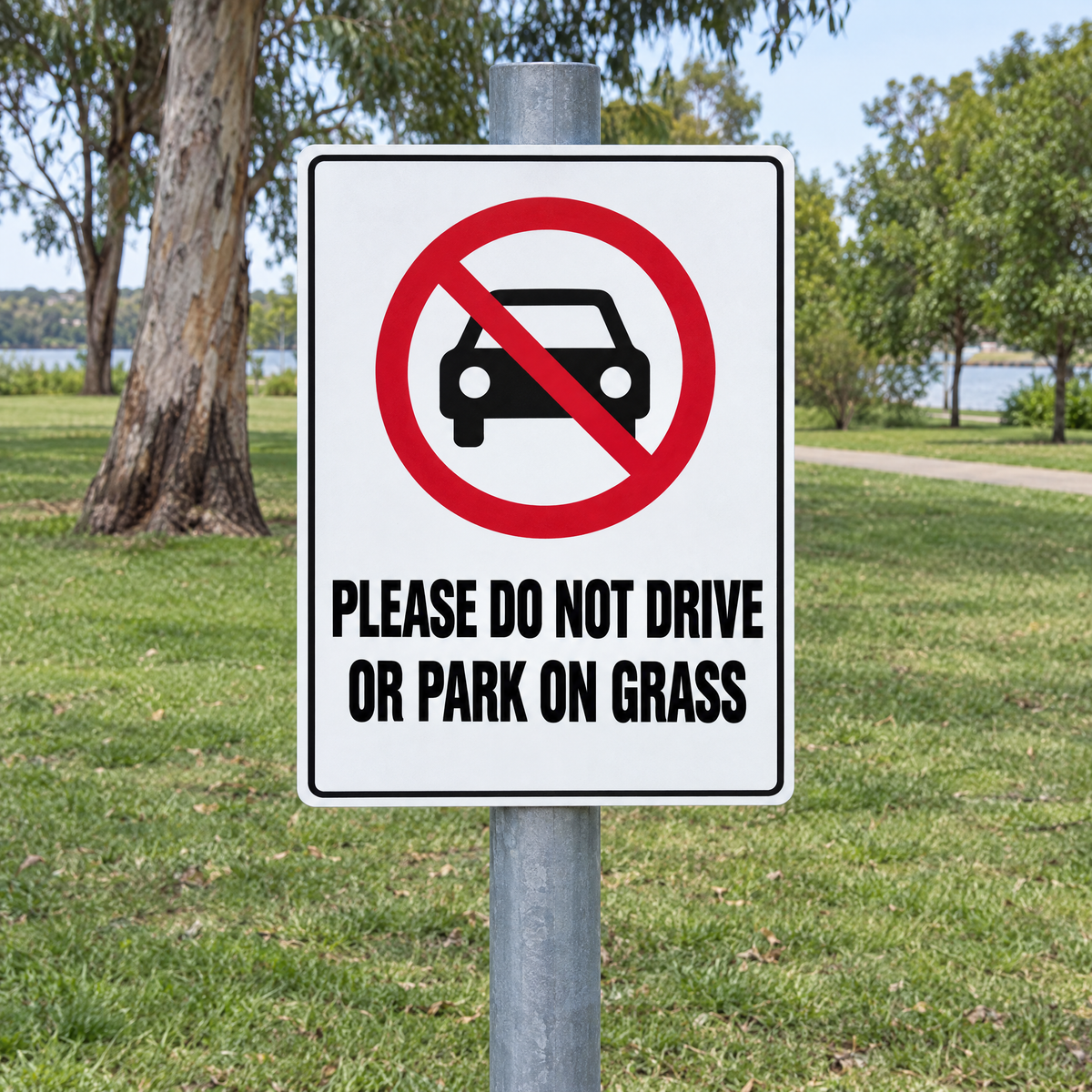 Please Do Not Drive or Park on Grass Sign installed on site – SignShine Australia