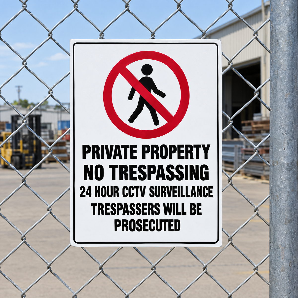 Private Property No Trespassing 24 Hour CCTV Surveillance Trespassers Will Be Prosecuted Sign installed on site – SignShine Australia