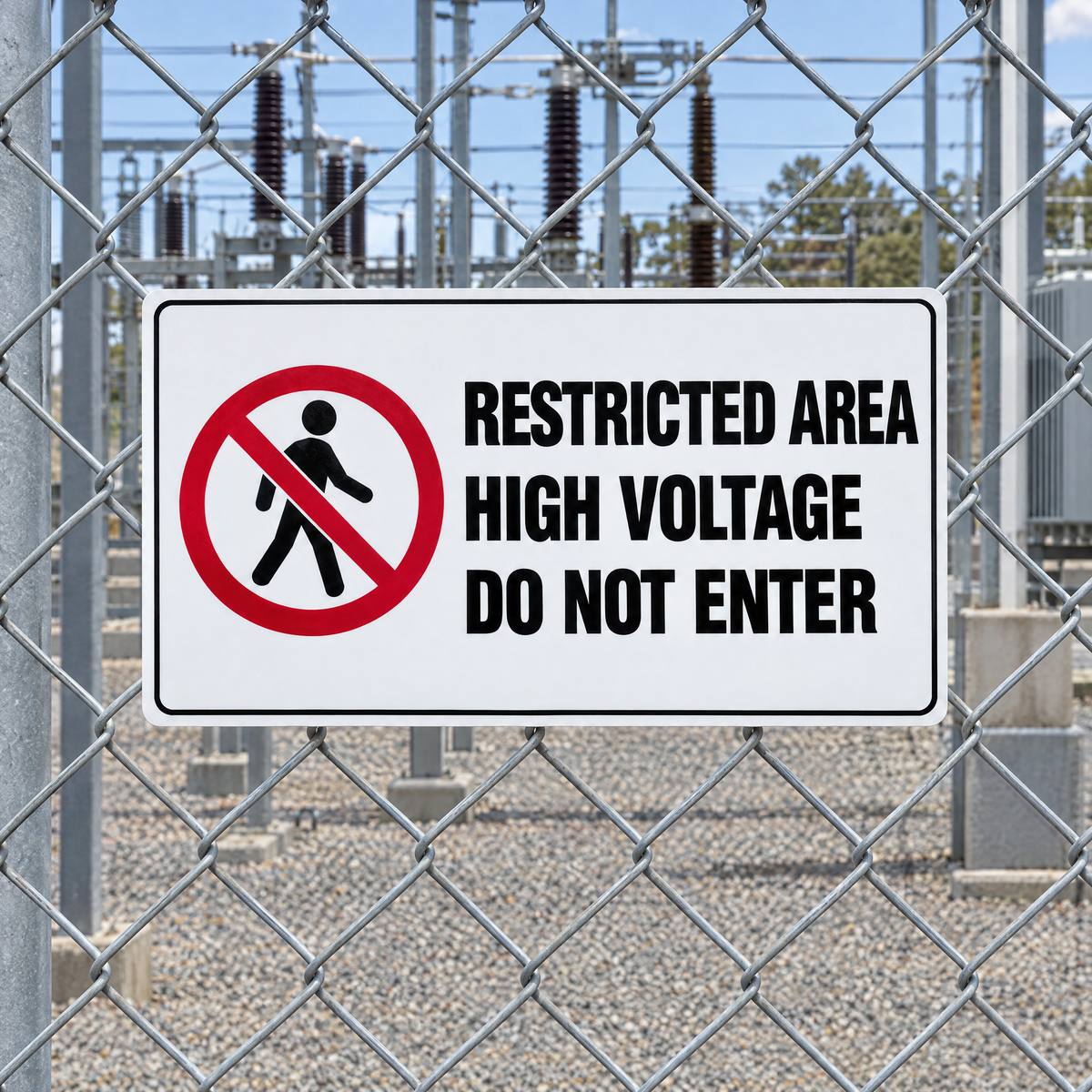 Restricted Area High Voltage Do Not Enter Sign installed on site – SignShine Australia