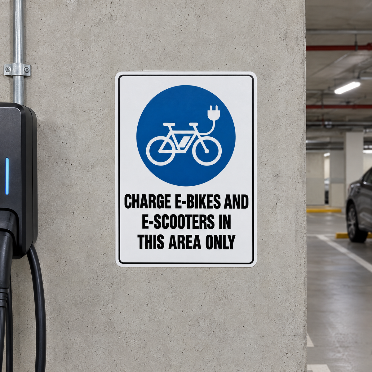 Charge E-Bikes and E-Scooters in This Area Only Sign installed on site – SignShine Australia