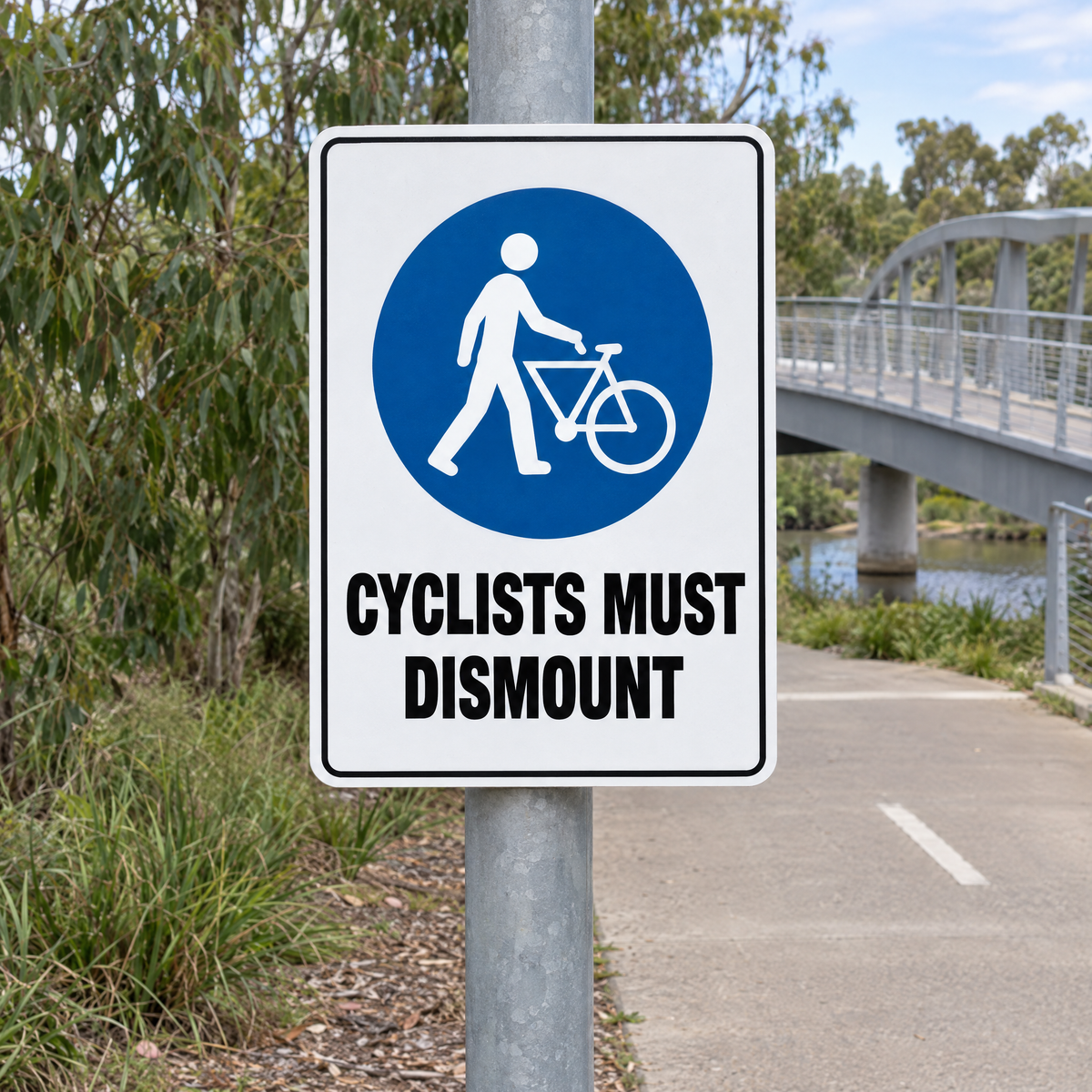 Cyclists Must Dismount Sign installed on site – SignShine Australia