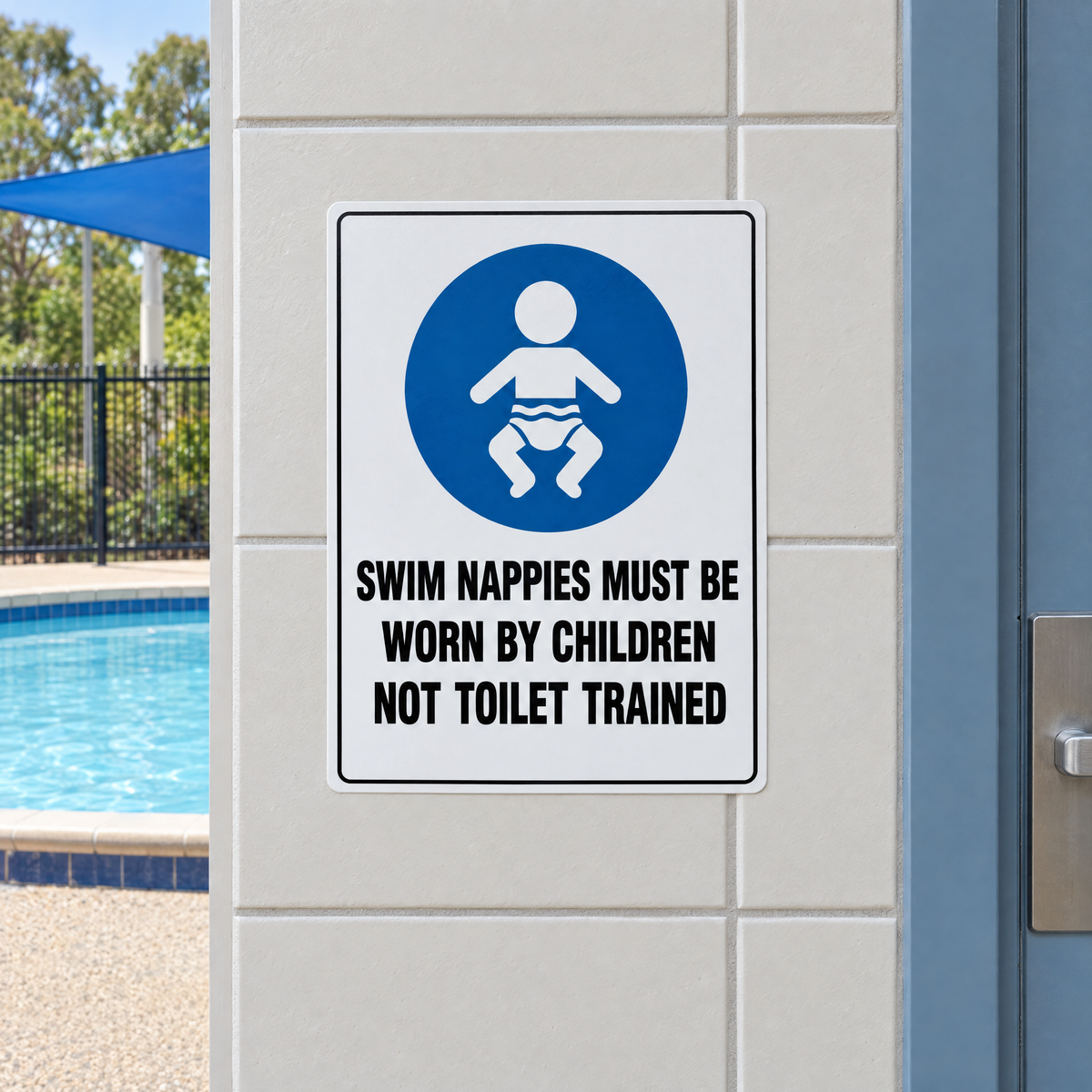 Swim Nappies Must Be Worn by Children Not Toilet Trained Sign installed on site – SignShine Australia