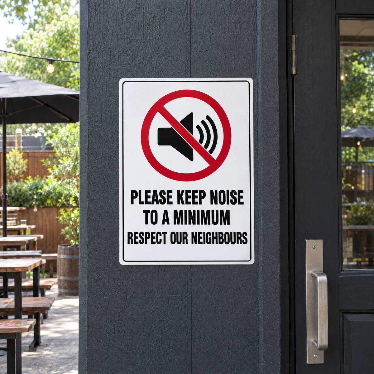 Please Keep Noise to a Minimum Please Respect Our Neighbours Sign installed on site – SignShine Australia