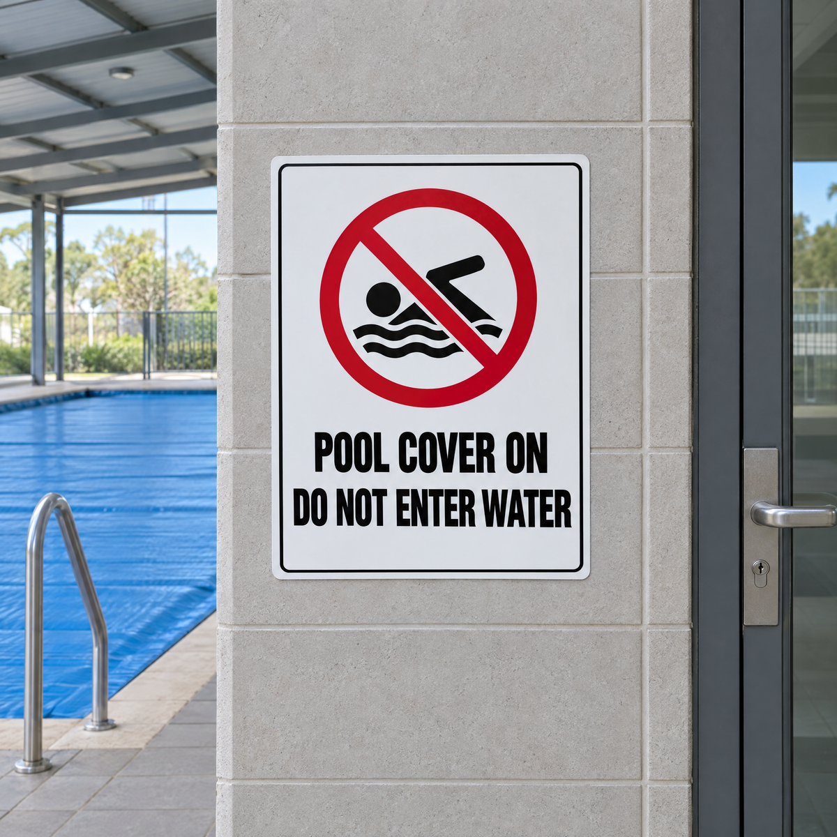 Pool Cover On Do Not Enter Water Sign installed on site – SignShine Australia
