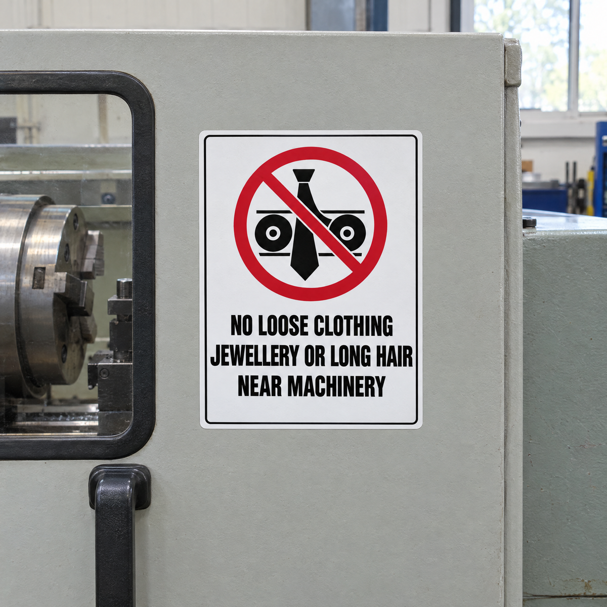 No Loose Clothing, Jewellery or Long Hair Near Machinery Sign installed on site – SignShine Australia