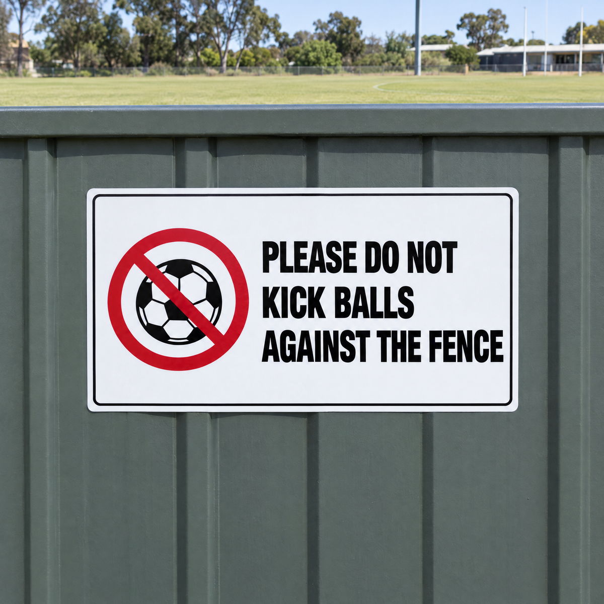 Please Do Not Kick Balls Against the Fence Sign installed on site – SignShine Australia