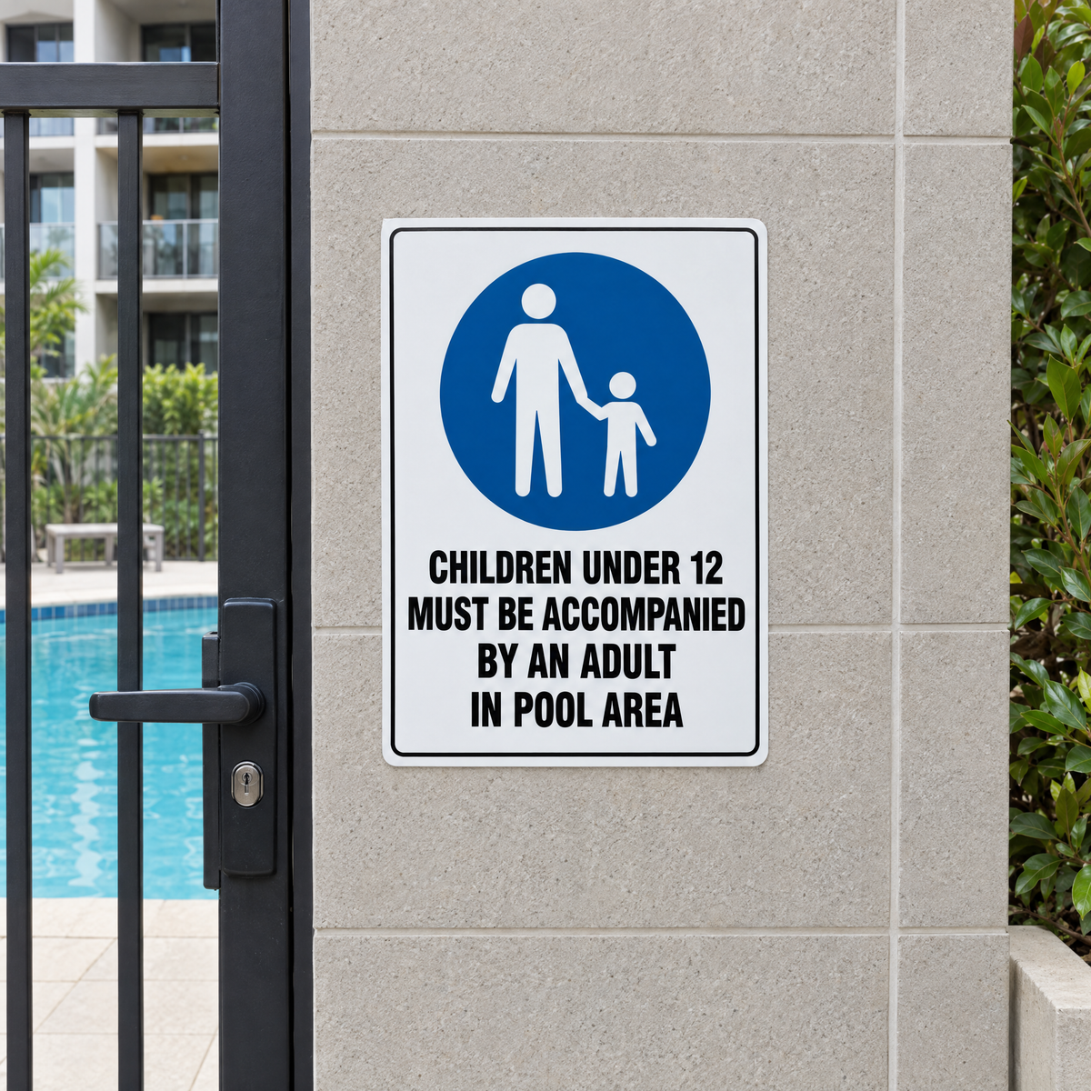 Children Under 12 Must Be Accompanied by an Adult in Pool Area Sign installed on site – SignShine Australia