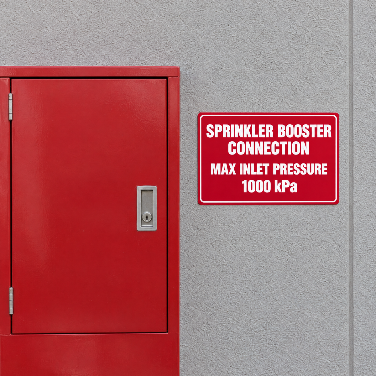 Sprinkler Booster Connection Max Pressure kPa Sign (Add Your kPa) installed on site – SignShine Australia