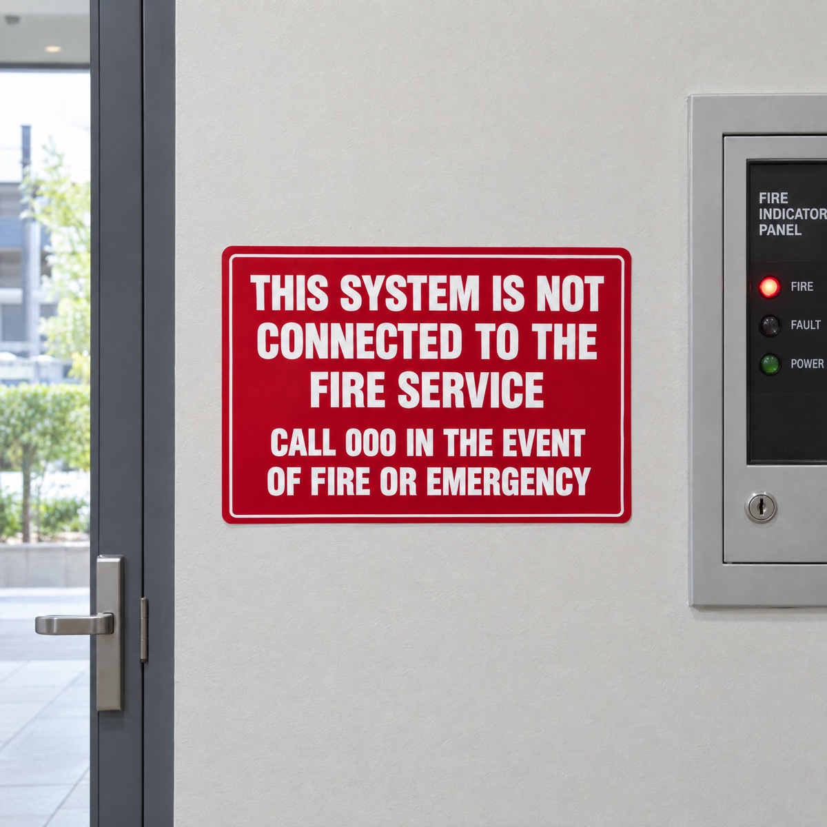 This System Is Not Connected to the Fire Service Call 000 in the Event of Fire or Emergency Sign installed on site – SignShine Australia