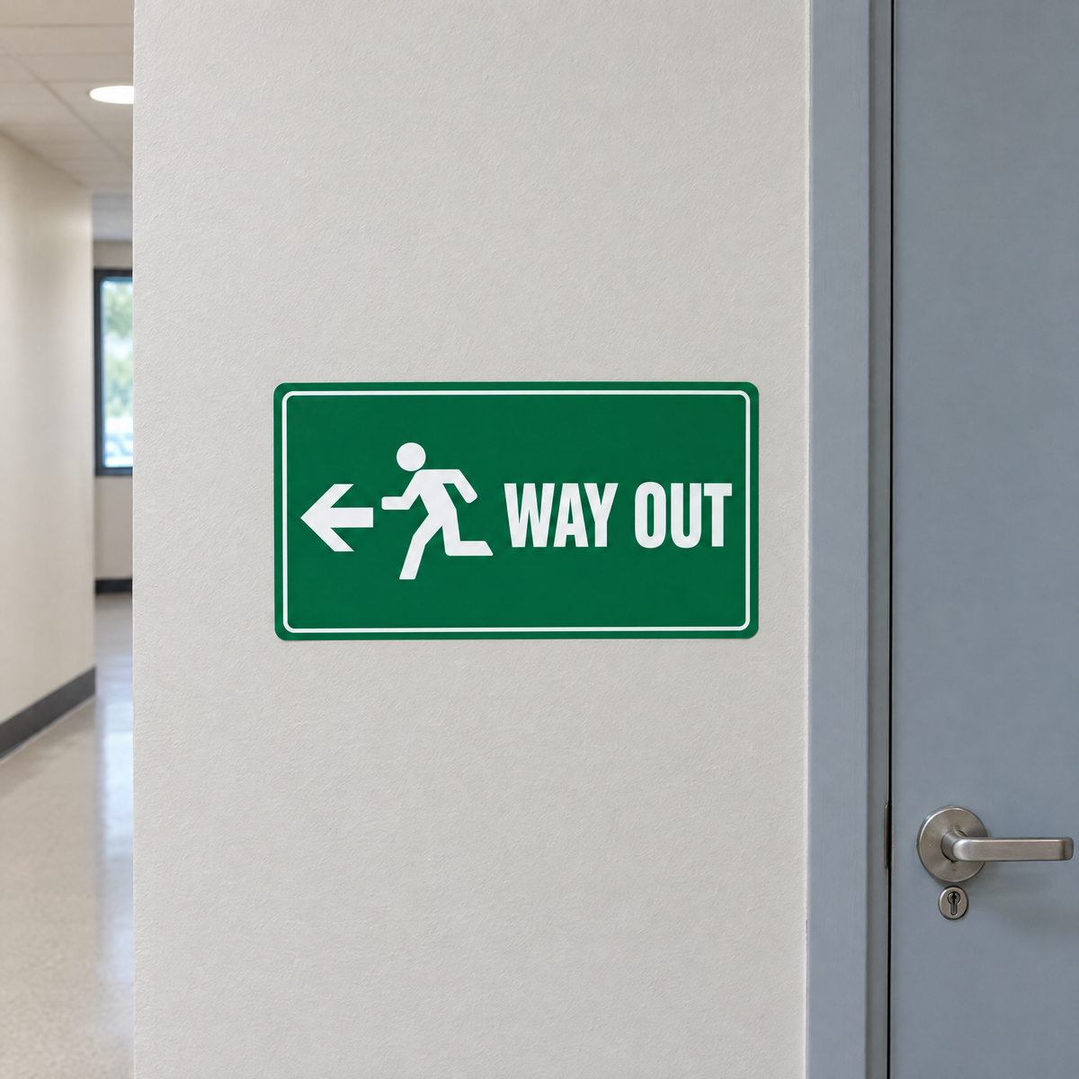 Way Out with Left Arrow Sign installed on site – SignShine Australia