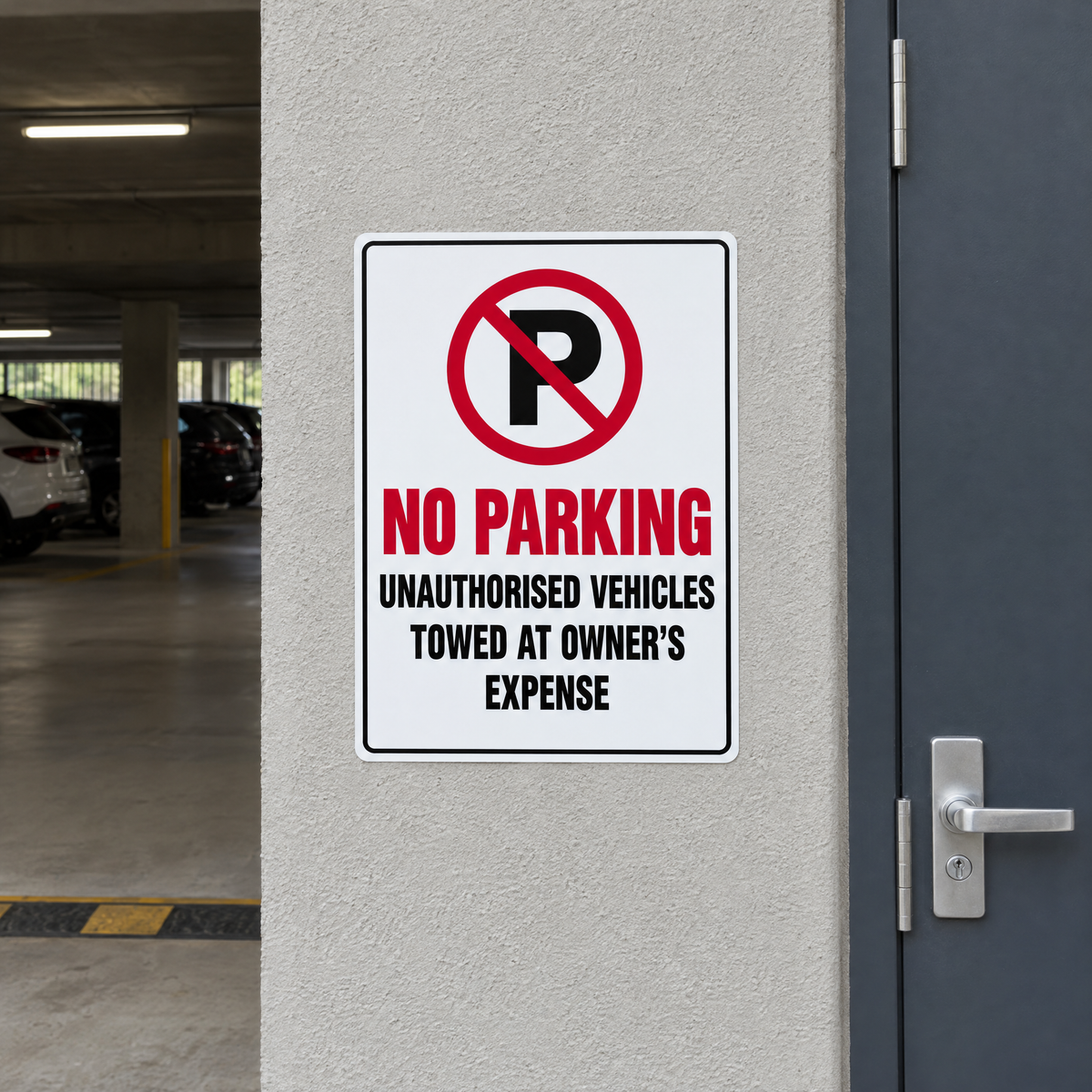 No Parking Unauthorised Vehicle Towed at Vehicle Owner's Expense Sign installed on site – SignShine Australia