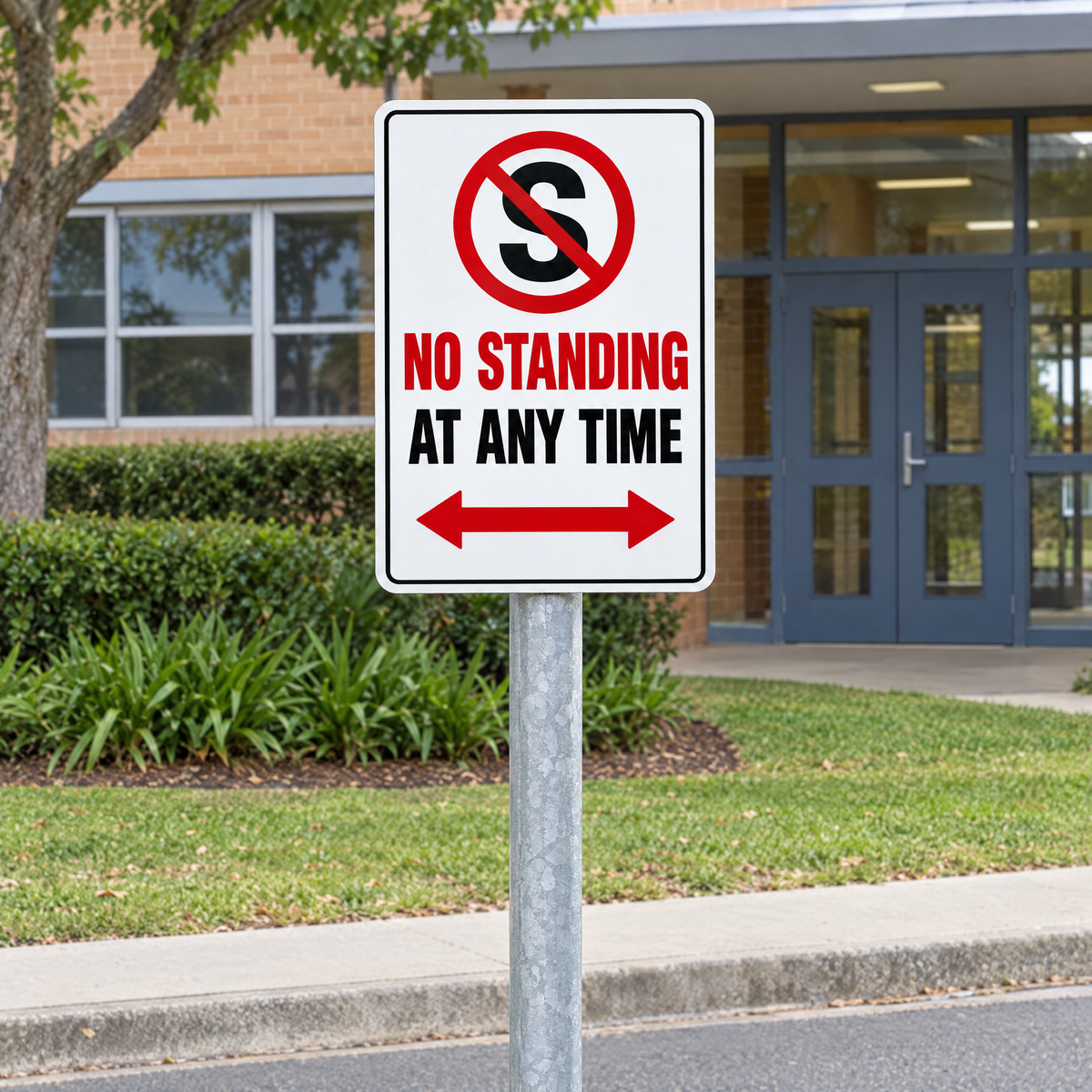 No Standing at Any Time Left and Right Arrow Sign installed on site – SignShine Australia