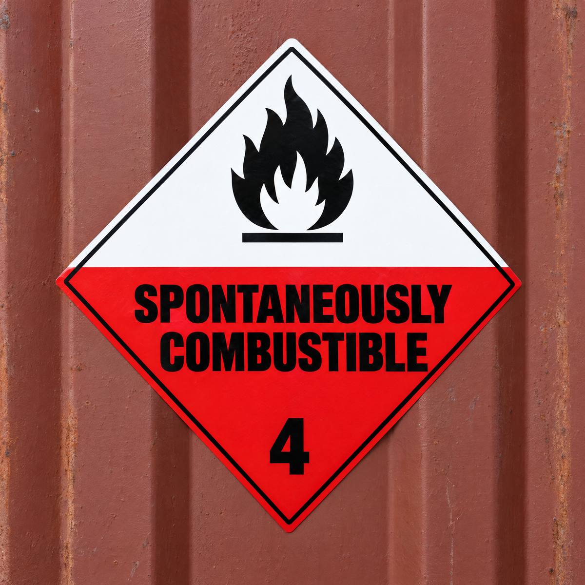 Spontaneously Combustible Class 4.2 Diamond Sign installed on the side of a shipping container at a chemical depot