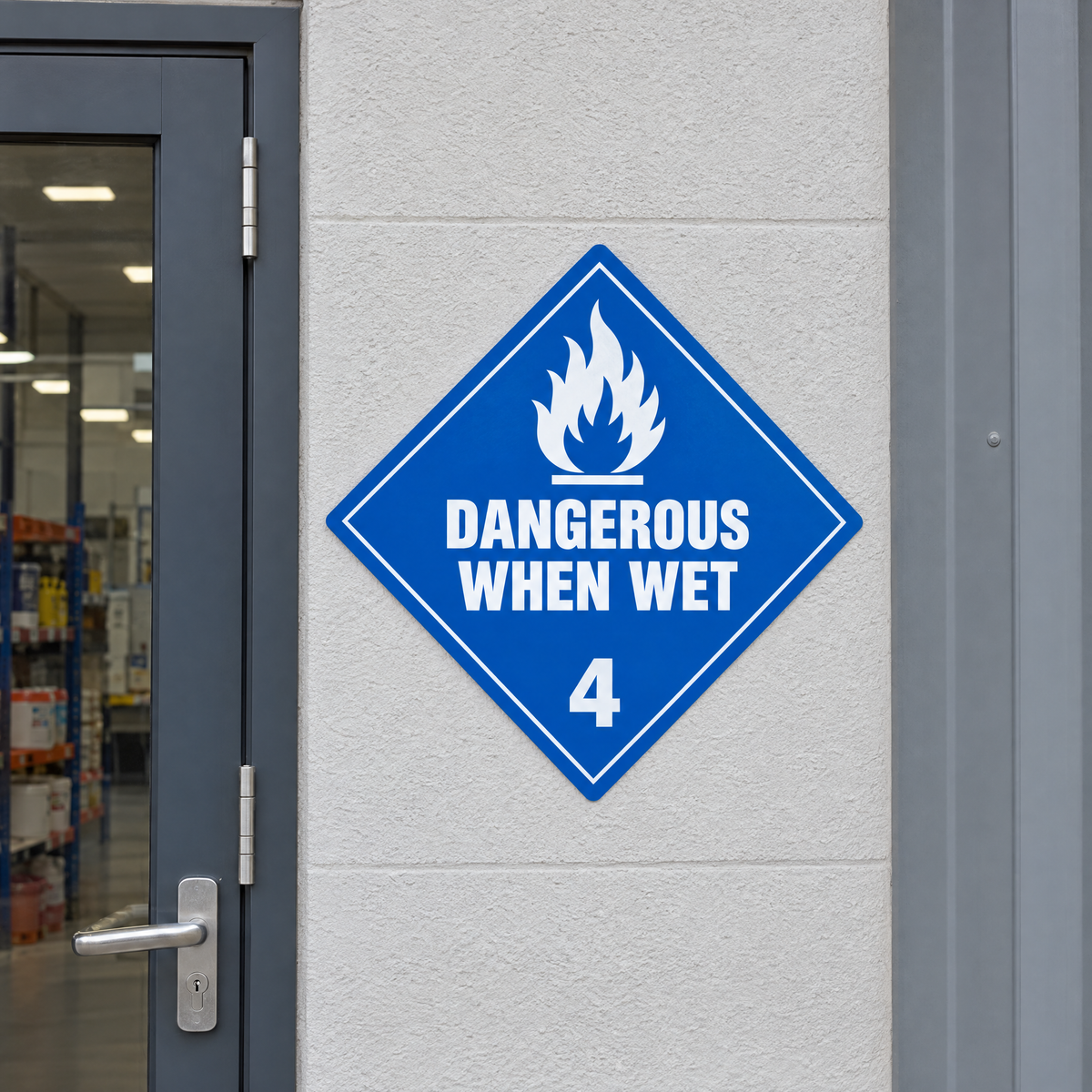 Dangerous When Wet Class 4.3 Diamond Sign installed on the wall beside the entry door of a dangerous goods store