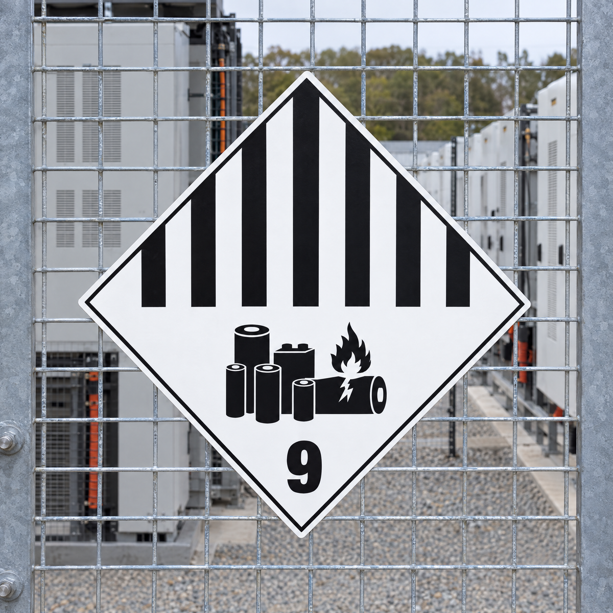 Lithium Batteries Class 9A Diamond Sign installed on the mesh panel of a battery storage cage, fixed flat on the mesh