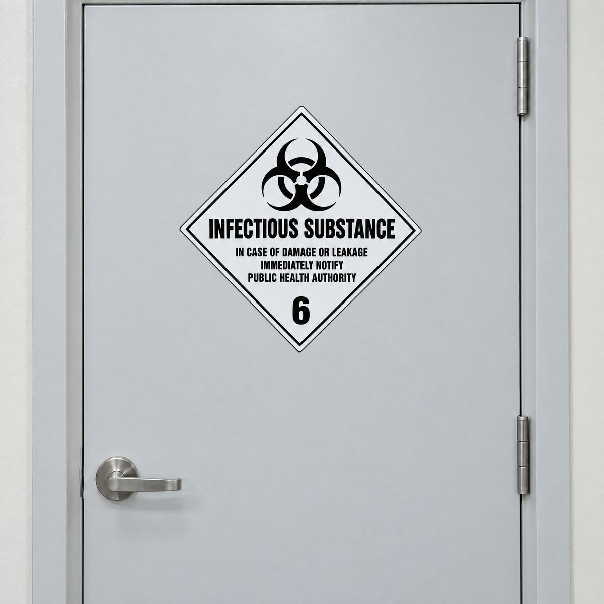 Infectious Substance Class 6.2 Diamond Sign installed on the door of a clinical waste store