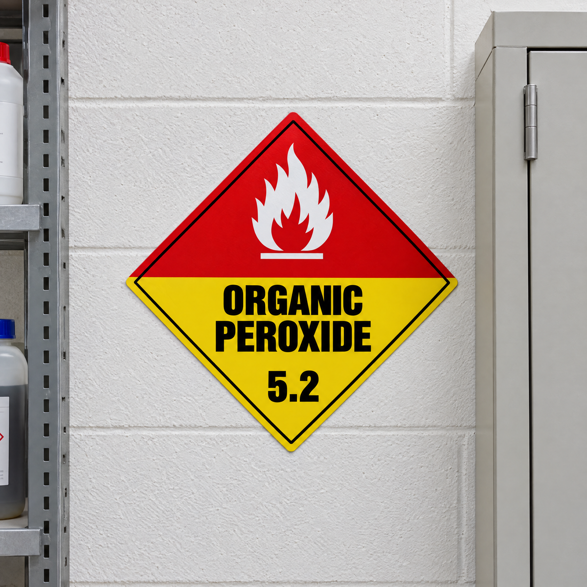 Organic Peroxide Class 5.2 Diamond Sign installed on the wall of a chemical store beside a cabinet
