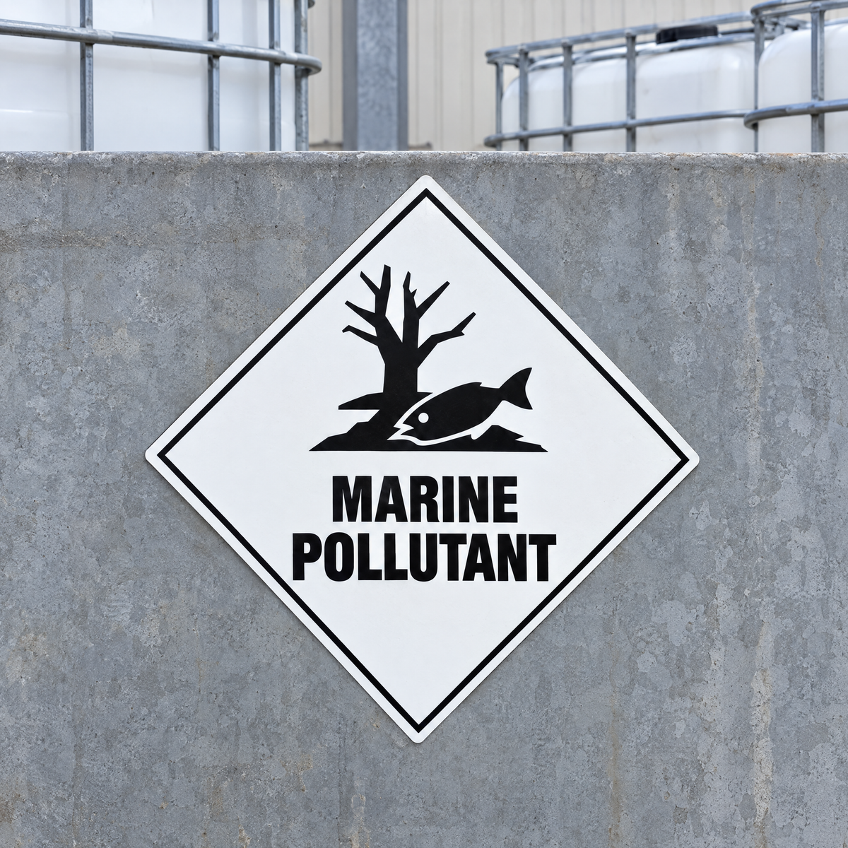 Marine Pollutant Diamond Sign installed on the side of a chemical IBC storage area