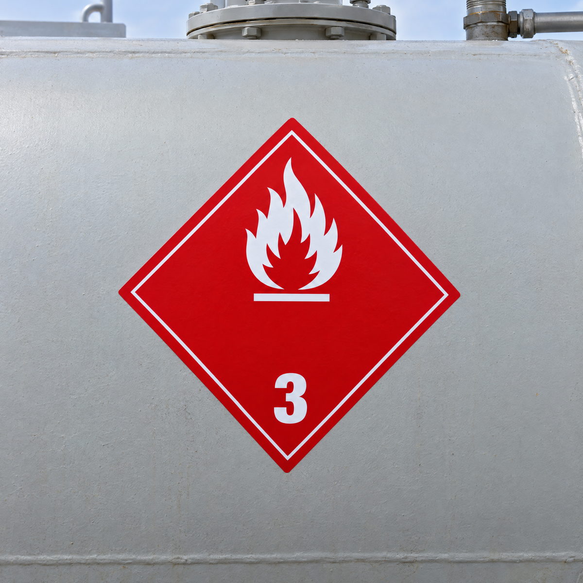 Flammable Liquid Class 3 Diamond Sign – Series 2 installed on the side of a bulk diesel tank