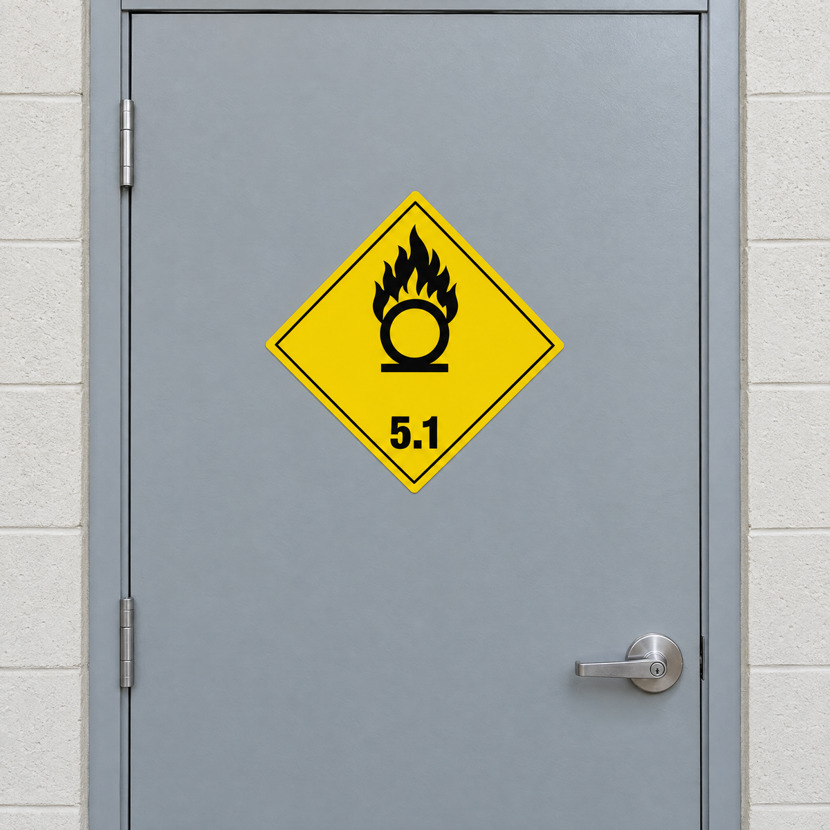 Oxidising Agent Class 5.1 Diamond Sign – Series 2 installed on the door of a pool chemical store