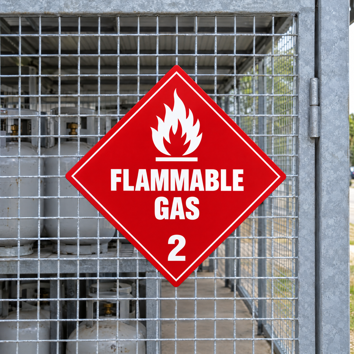 Flammable Gas Class 2.1 Diamond Sign – Series 2 installed on the mesh cage of an LPG cylinder store