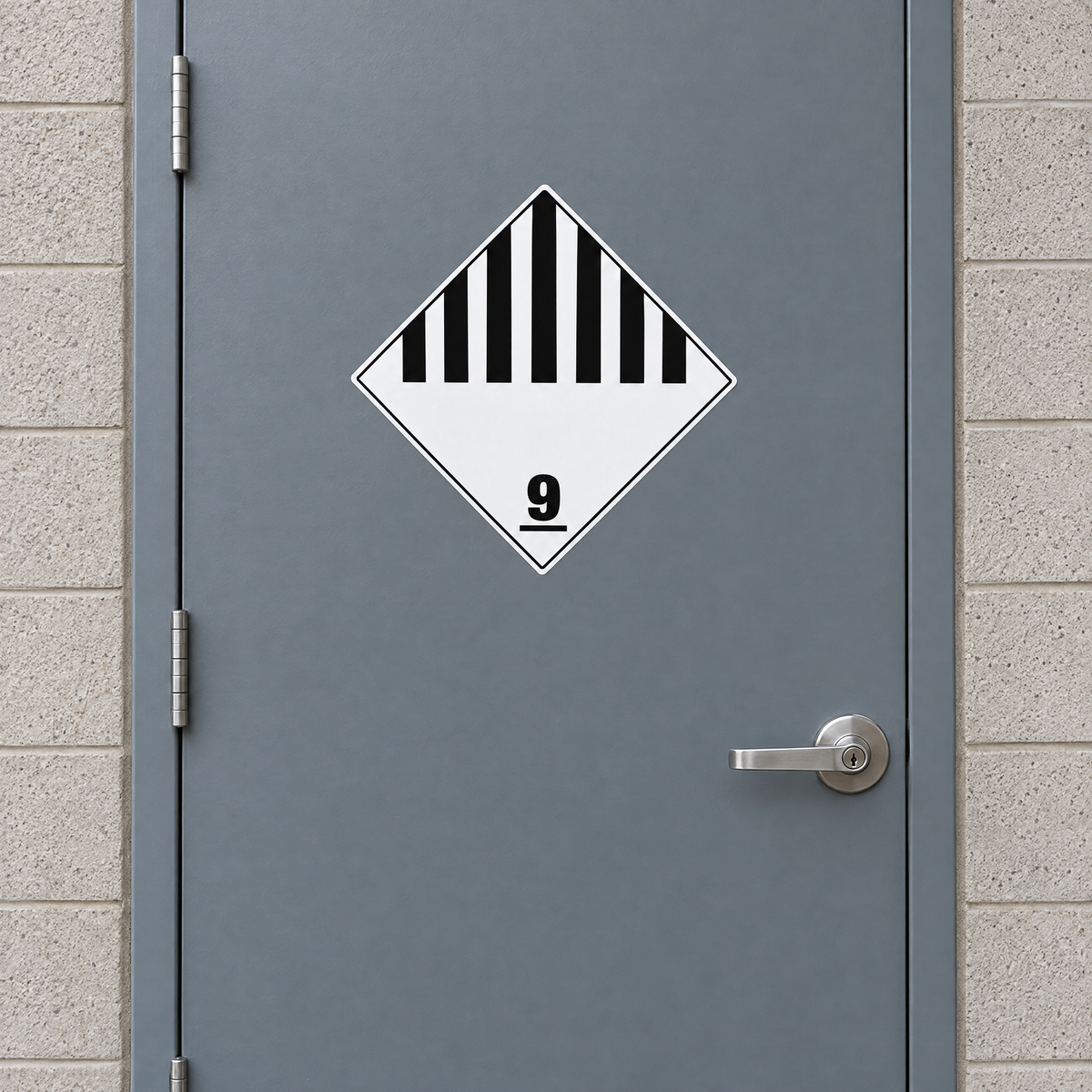 Miscellaneous Dangerous Goods Class 9 Diamond Sign – Series 2 installed on the door of a general dangerous goods store