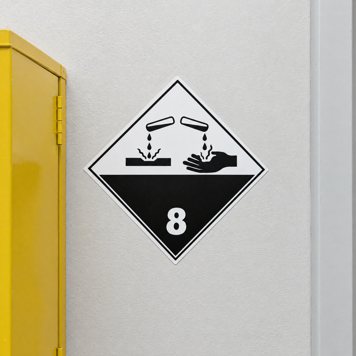 Corrosive Class 8 Diamond Sign – Series 2 installed on the wall beside an acid storage cabinet in a chemical store
