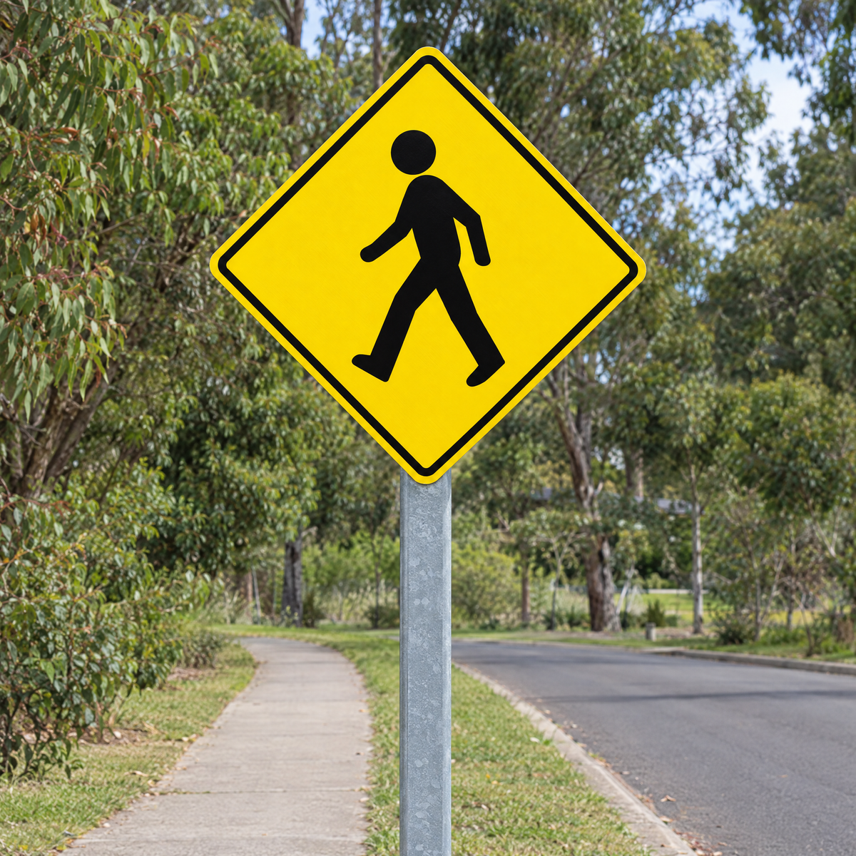 Pedestrians Warning Diamond Sign installed on a post beside a private road near a pedestrian path