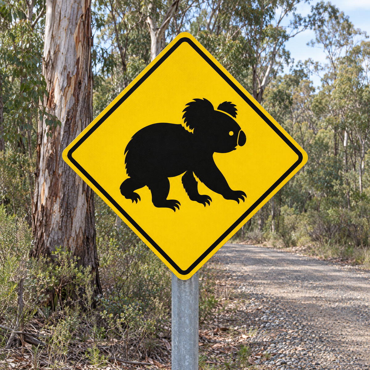 Koalas Warning Diamond Sign installed on a post on a gravel access road inside a private bush property with gum trees