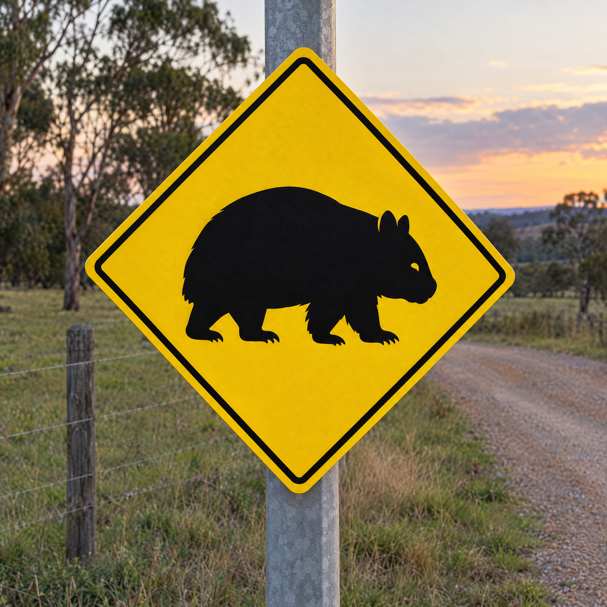 Wombats Warning Diamond Sign installed on a post on a private farm access road at dusk