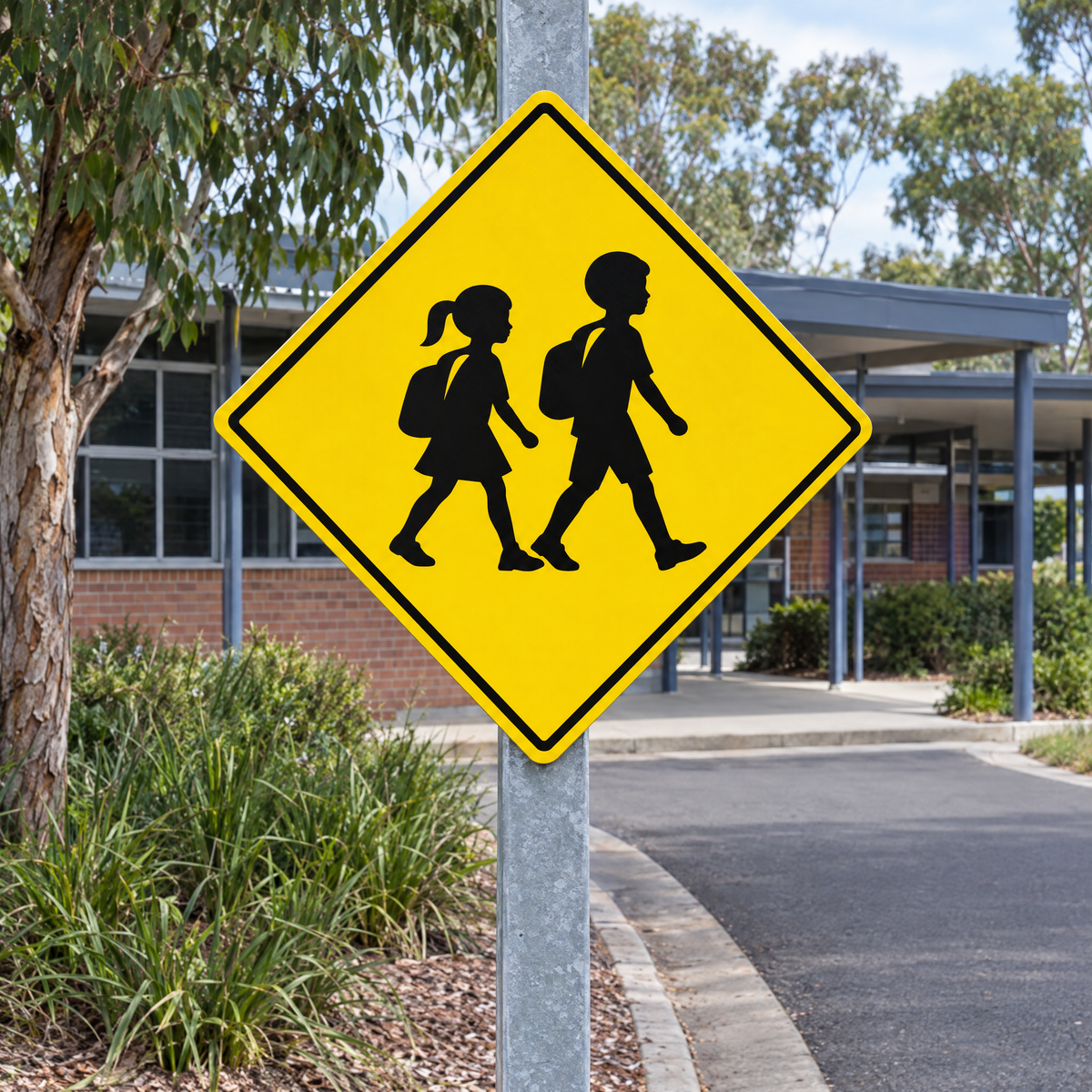 Children Warning Diamond Sign installed on a post beside the internal driveway of a school campus