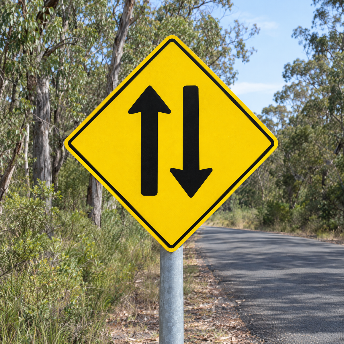 Two Way Traffic Sign installed on a post at the start of a two-way section of a private road