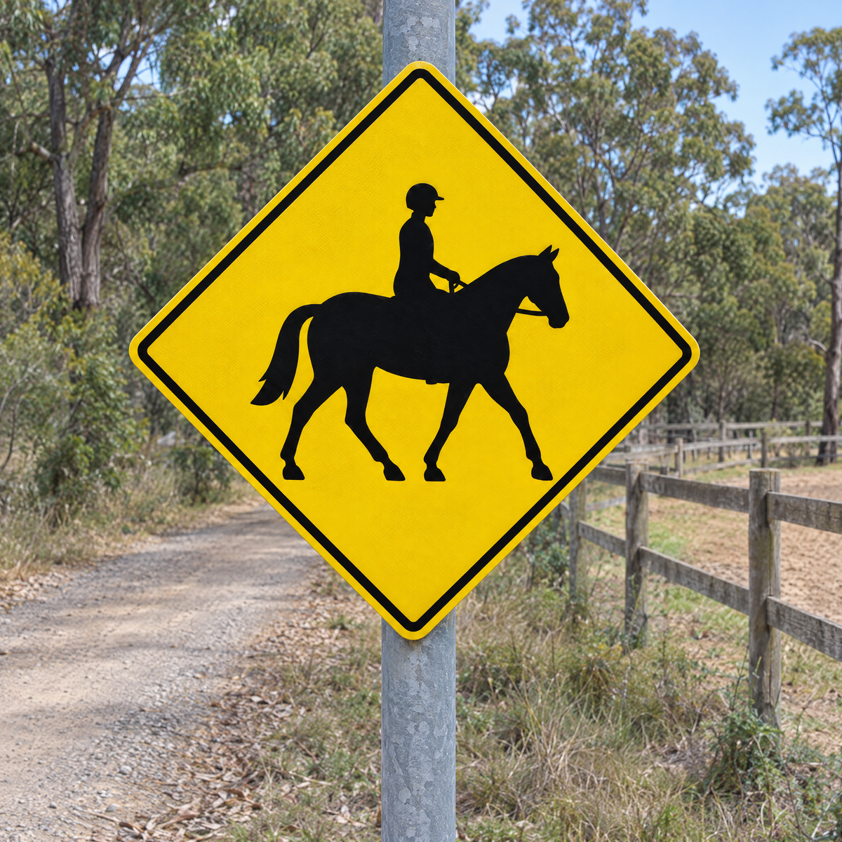 Horse Riders Warning Diamond Sign installed on a post on a private property access road beside a riding trail