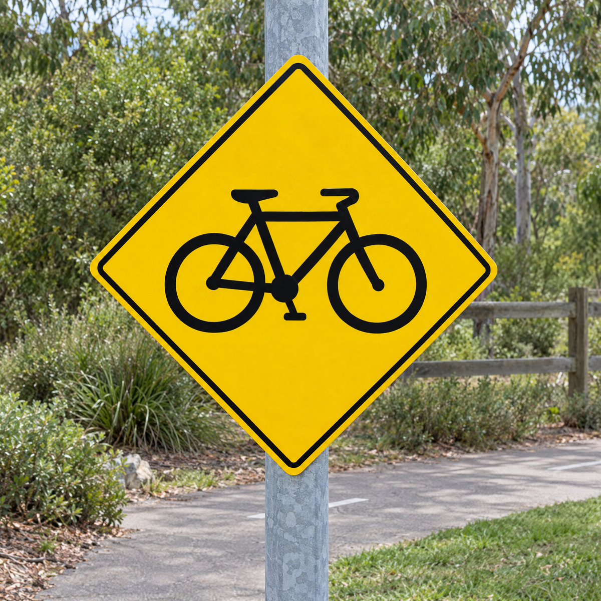 Cyclists Warning Diamond Sign installed on a post on a private estate road where a shared path crosses