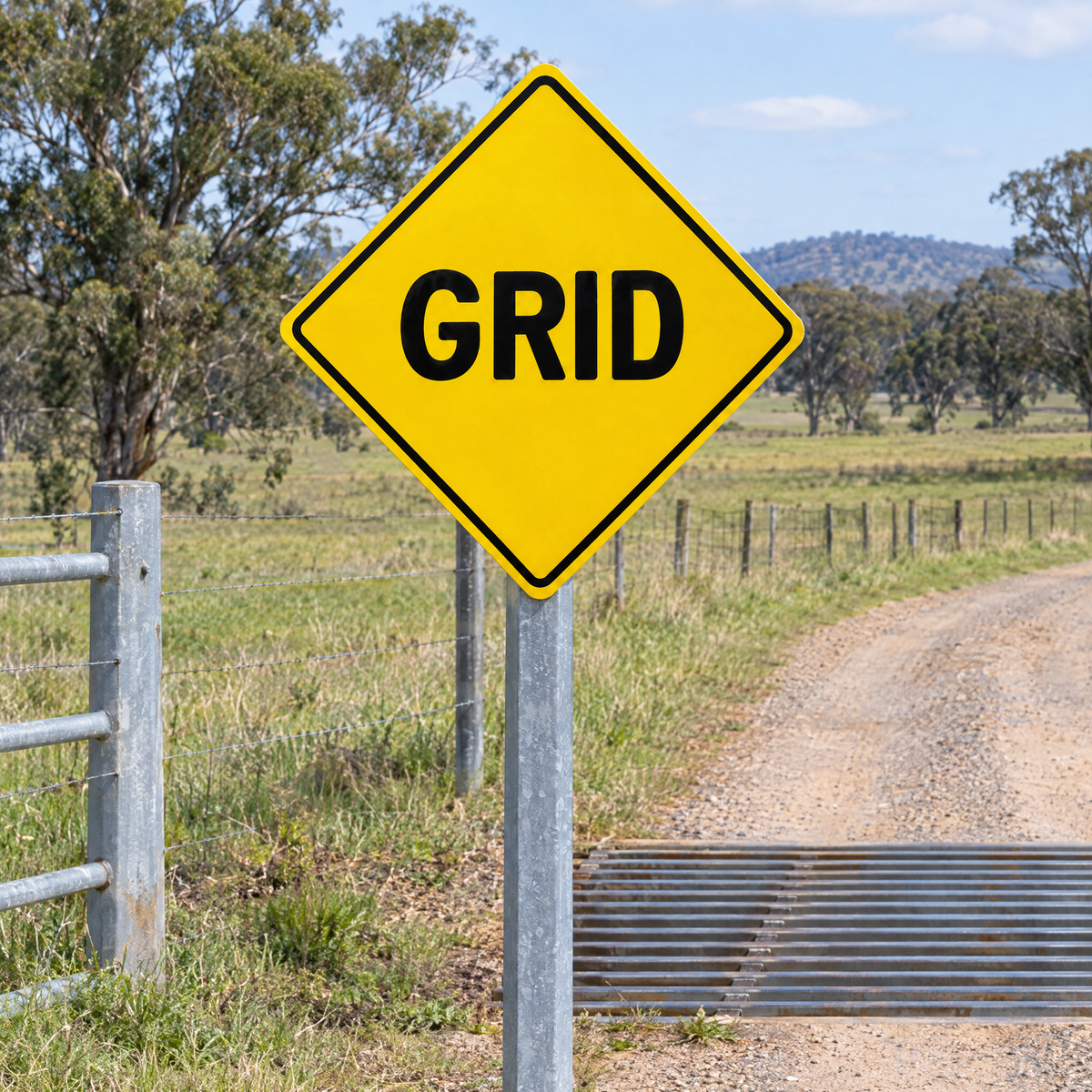 Grid Warning Diamond Sign installed on a post beside a cattle grid on a farm road