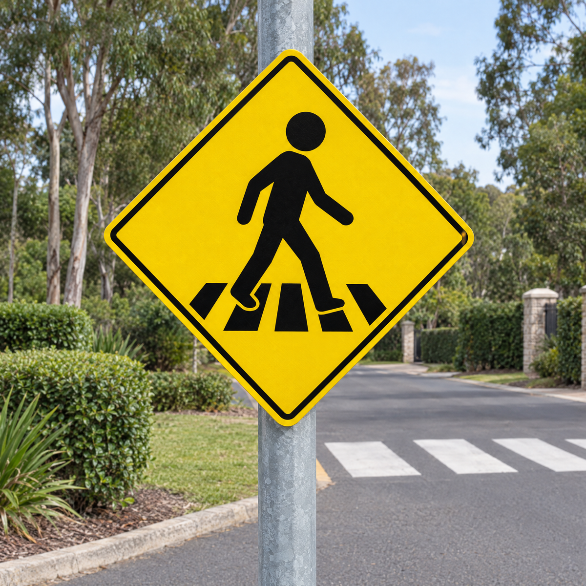 Pedestrian Crossing Ahead Sign – Series 2 installed on a post before a marked crossing on a private estate road