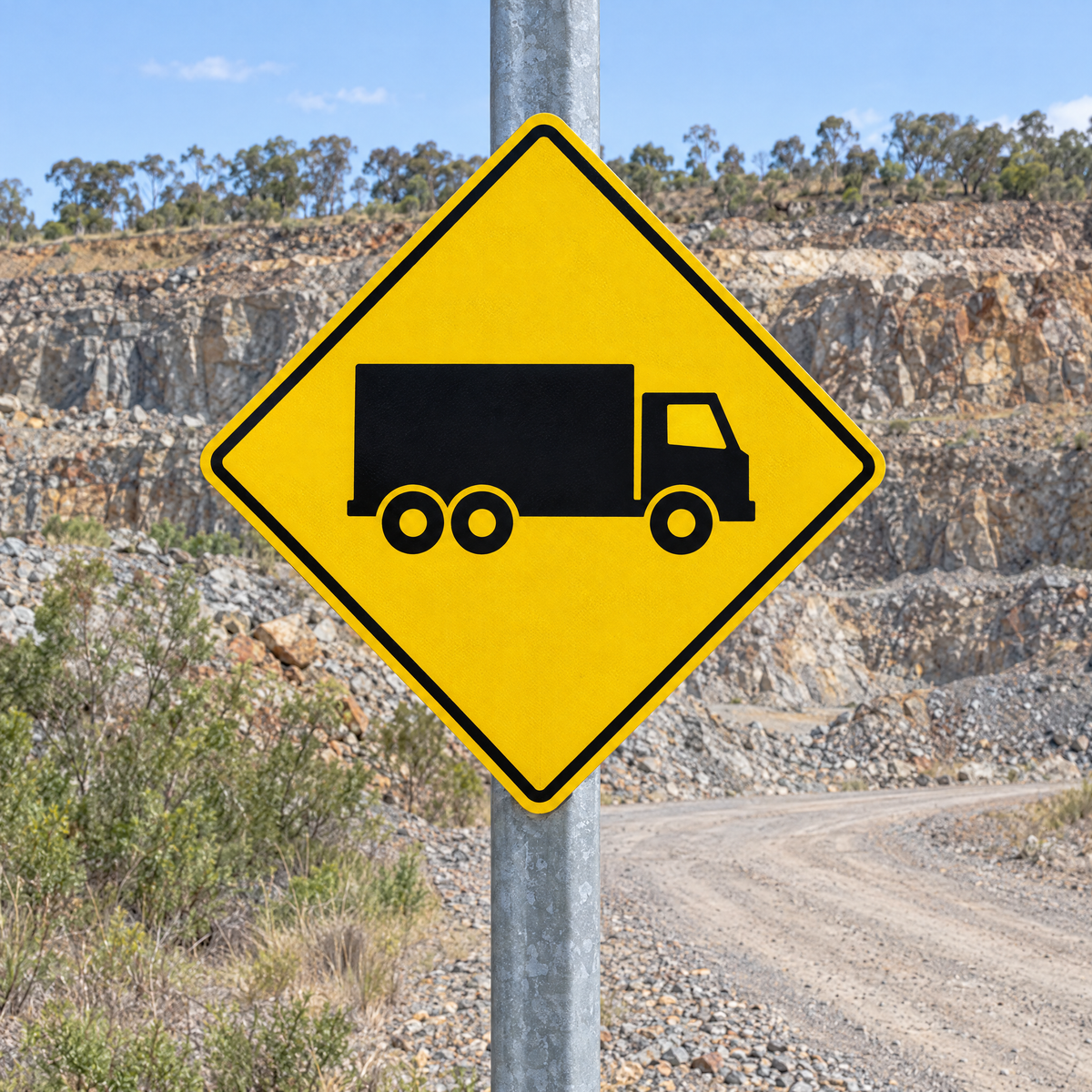 Trucks Warning Diamond Sign installed on a post beside a quarry access road