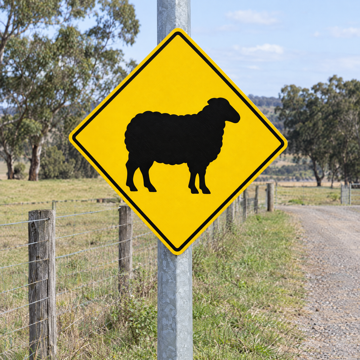 Sheep Warning Diamond Sign installed on a post on a private farm road beside a paddock