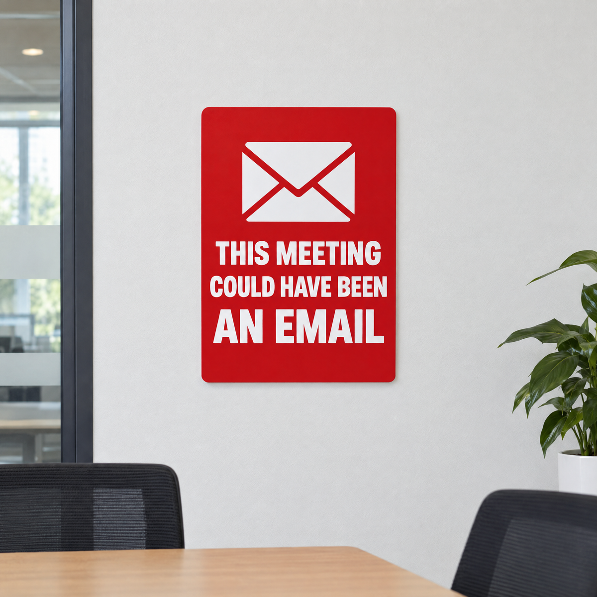 This Meeting Could Have Been an Email sign on an office meeting room wall