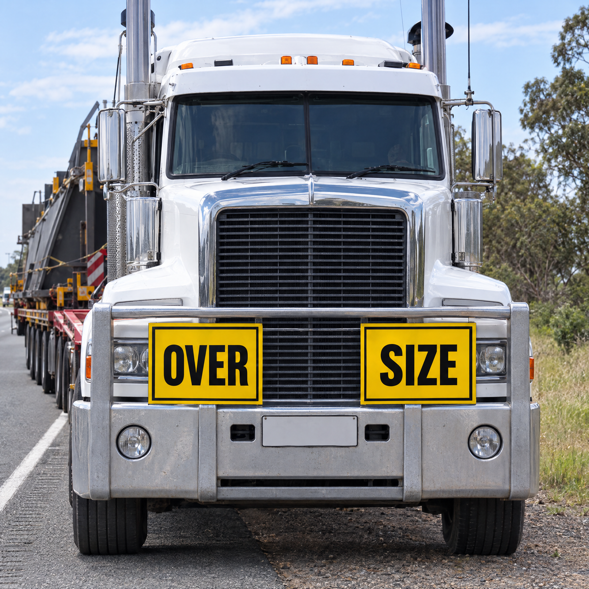 OVERSIZE Split Warning Sign Pair 'OVER' + 'SIZE' – Heavy Vehicle (HVNL) – installed example