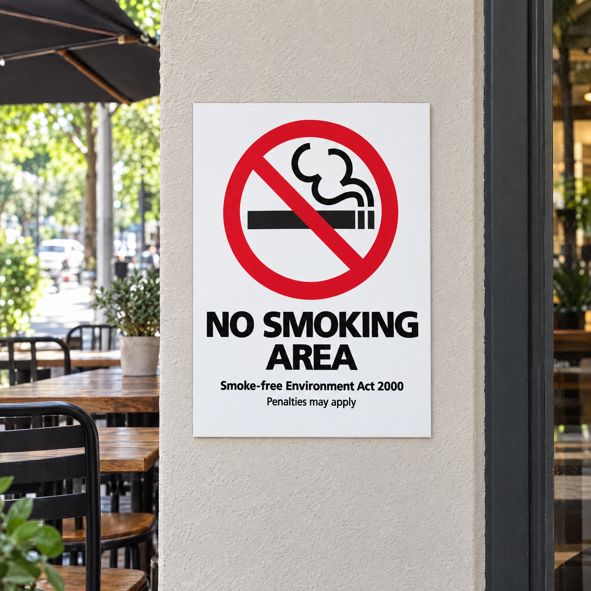 NSW No Smoking Area Sign – Smoke-free Environment Act 2000 (Prescribed) – installed example