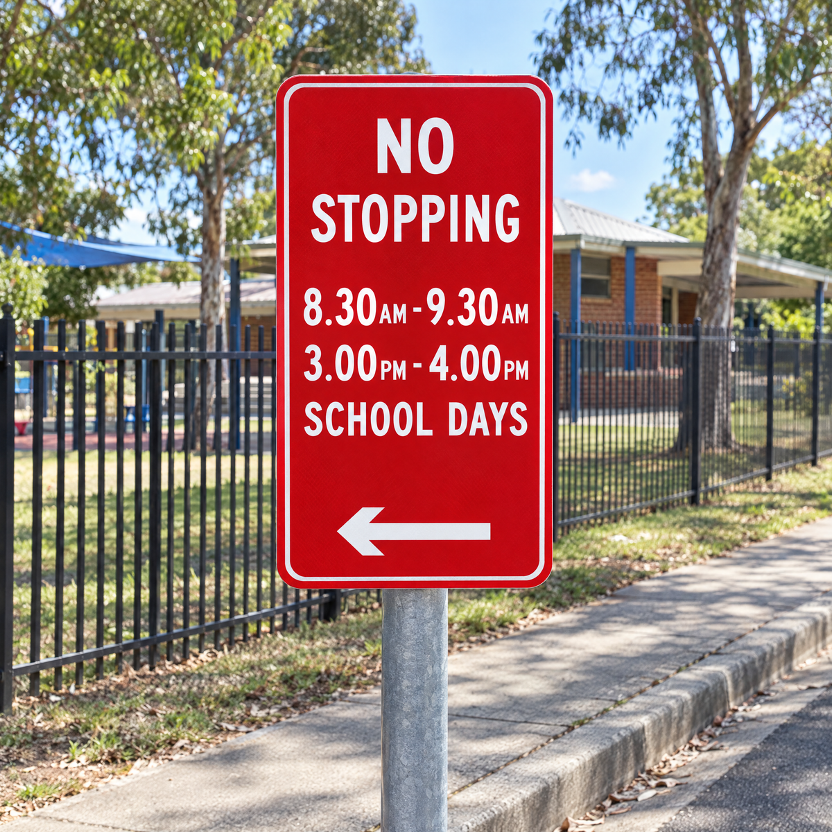NSW School Days No Stopping Sign 8.30–9.30AM & 3–4PM – installed example