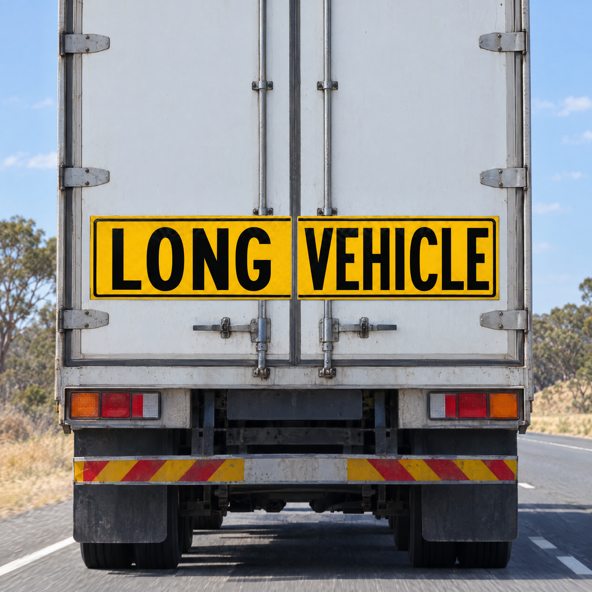 LONG VEHICLE Split Warning Sign Pair 'LONG' + 'VEHICLE' (HVNL) – installed example
