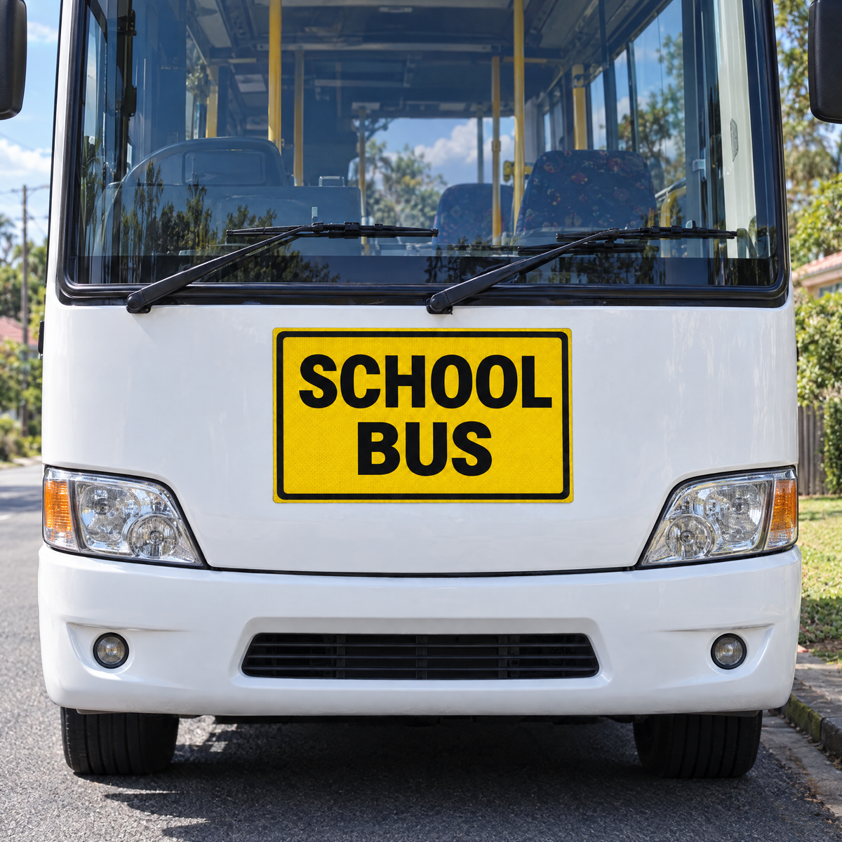 QLD School Bus Front Warning Sign 'SCHOOL BUS' – installed example